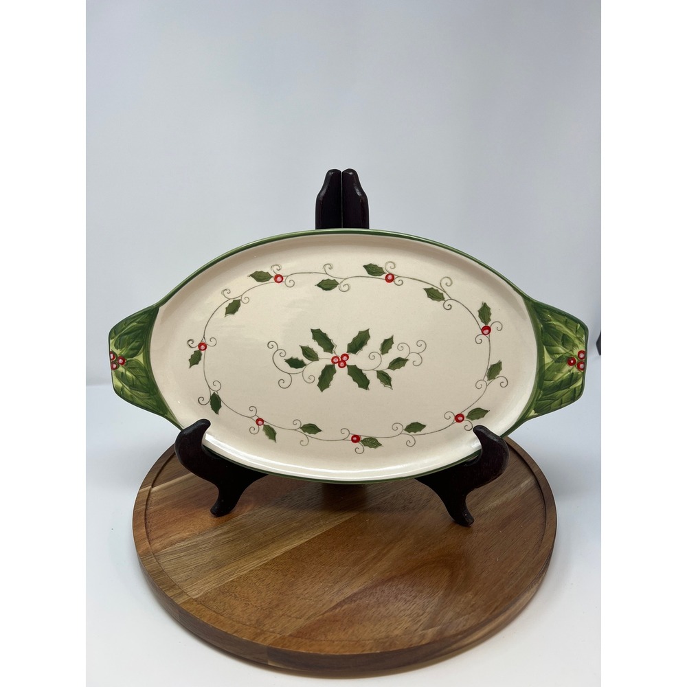 Oval Christmas Holly Berry Serving Platter Dish Green Trim Holiday‎